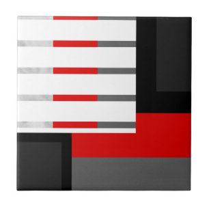 Red Gray Black and White Striped Geometric Block Ceramic Tile