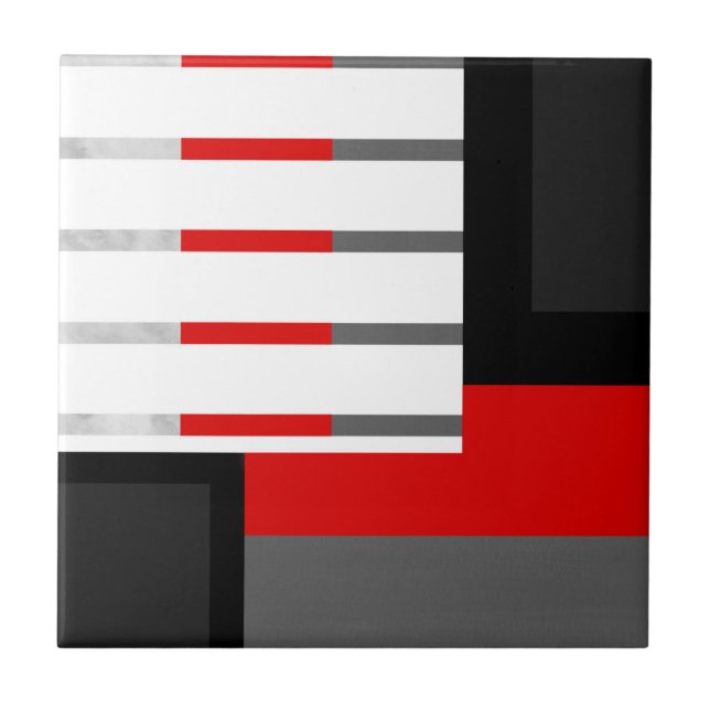 Red Gray Black and White Striped Geometric Block Ceramic Tile (Front)