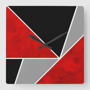 Red Gray Black Color Block Square Wall Clock