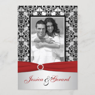 Red, Gray, & Black Damask Photo Wedding Invite