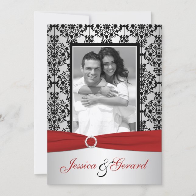 Red, Gray, & Black Damask Photo Wedding Invite (Front)