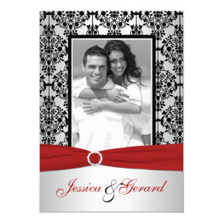 Red, Gray, & Black Damask Photo Wedding Invite
