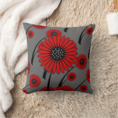 Red Gray Black Floral Flowers Throw Pillow (Blanket)