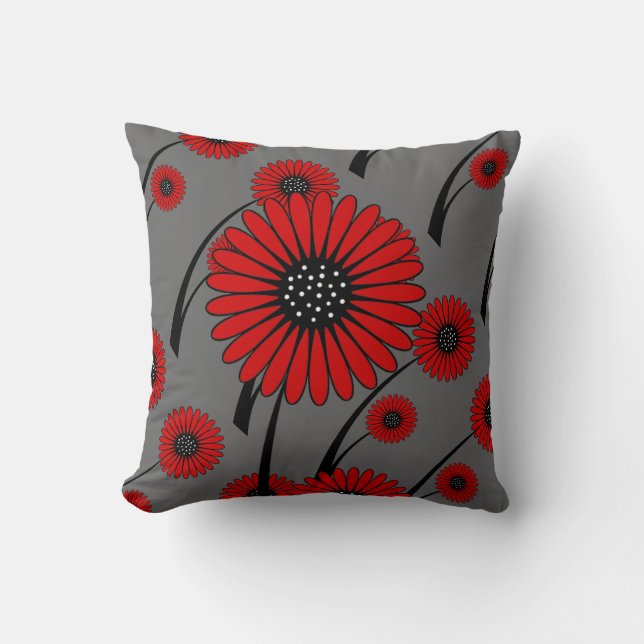 Red Gray Black Floral Flowers Throw Pillow (Front)