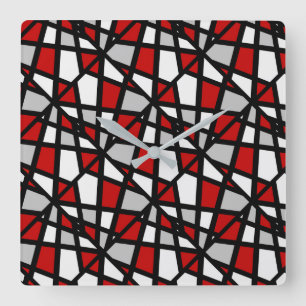 Red Gray Black Geometric Pattern Square Wall Clock