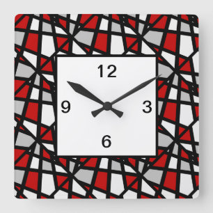 Red Gray Black Geometric Pattern Square Wall Clock