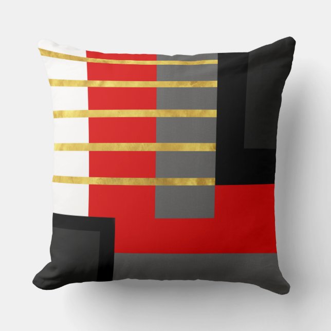 Red Gray Black Gold White Striped Block Throw Pill Throw Pillow (Front)