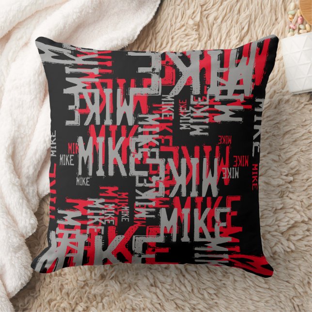 Red Gray Black pattern of Names Cool Modern Throw Pillow (Blanket)