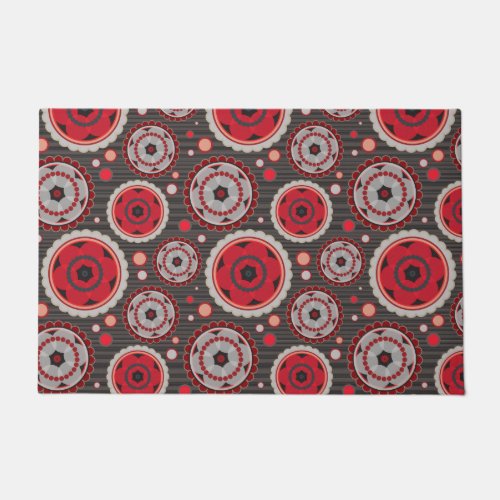Red Gray Black Retro Groovy Abstract Floral Doormat