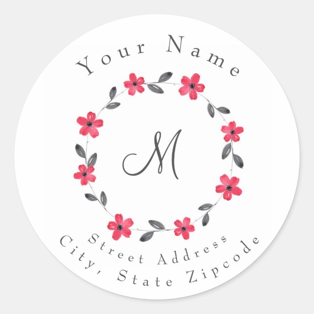 'Red Gray Black Watercolor Floral Wreath'  Label (Front)