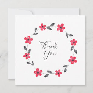 Red Gray Black Watercolor Floral Wreath Thank You Card