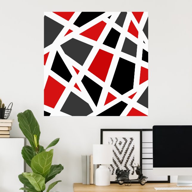 Red Gray Black White Geometric Poster (Home Office)
