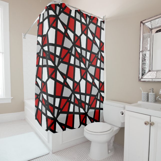 Red Gray Black White Geometric Shower Curtain (In Situ)