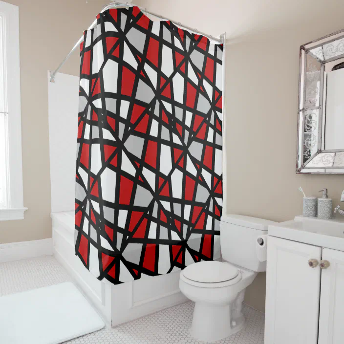 Red Gray Black White Geometric Shower, White Gray Geometric Shower Curtain