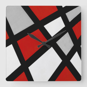Red gray Black White Geometric Square Wall Clock
