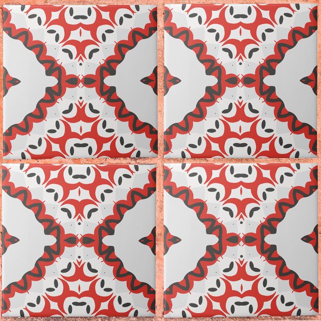 Red Gray Black & White Modern Ethnic Geometric Ceramic Tile (Creator Uploaded)
