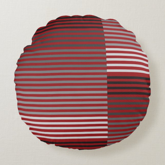 Red, Gray, Black, White Stripes Round Pillow (Front)