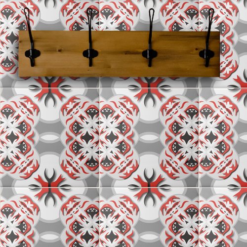 Red Gray Black White Tribal Abstract Kaleidoscope Ceramic Tile