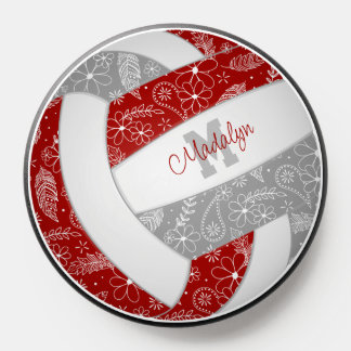 Red gray boho feathers flowers pattern volleyball PopSocket