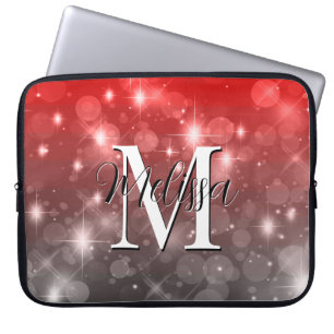 Red & Gray Bokeh Modern Monogram Sparkle Laptop Sleeve