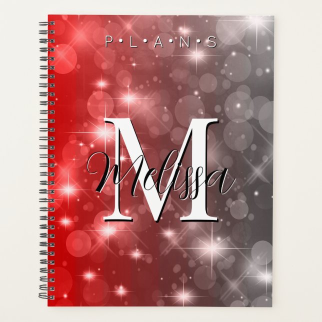 Red & Gray Bokeh Modern Monogram Sparkle Planner (Front)