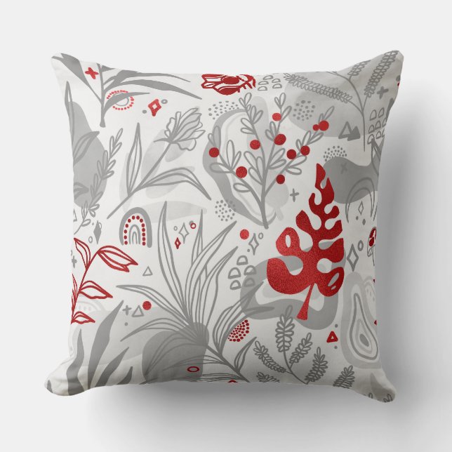 Red & Gray Botanical Throw Pillow (Front)
