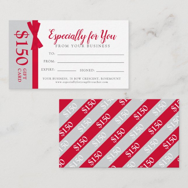 Red gray bow business gift card voucher  (Front/Back)