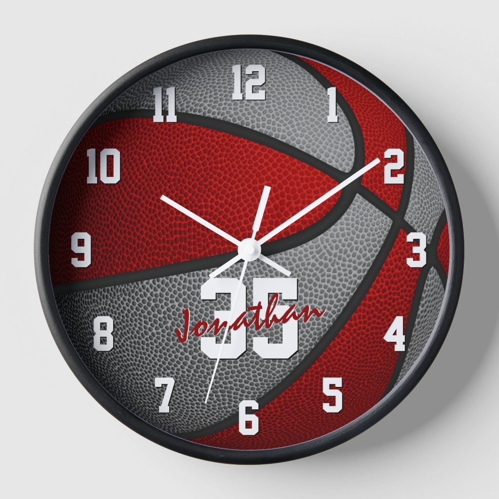 red gray boys girls basketball personalized round clock