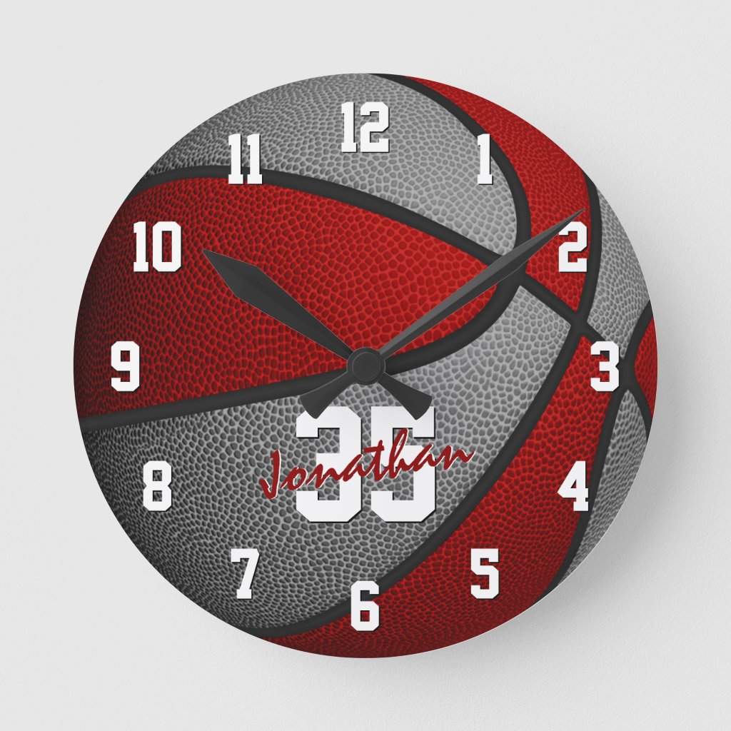 red gray boys girls basketball personalized round clock