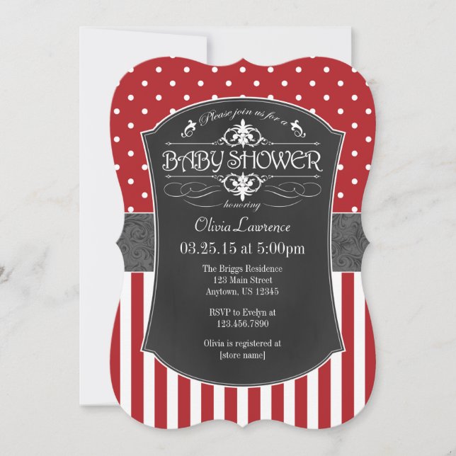 Red Gray Chalkboard Stripes Baby Shower Invite (Front)