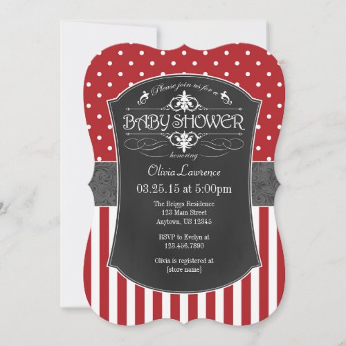 Red Gray Chalkboard Stripes Baby Shower Invite