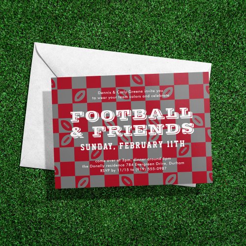 Red Gray Checkerboard Football Game Watch Party Invitation