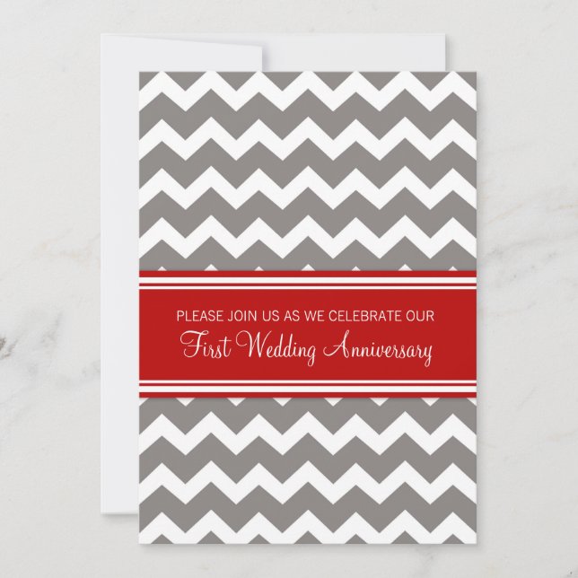Red Gray Chevron 1st Anniversary Invitation (Front)