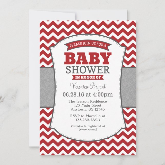 Red Gray Chevron Baby Shower Invitation (Front)