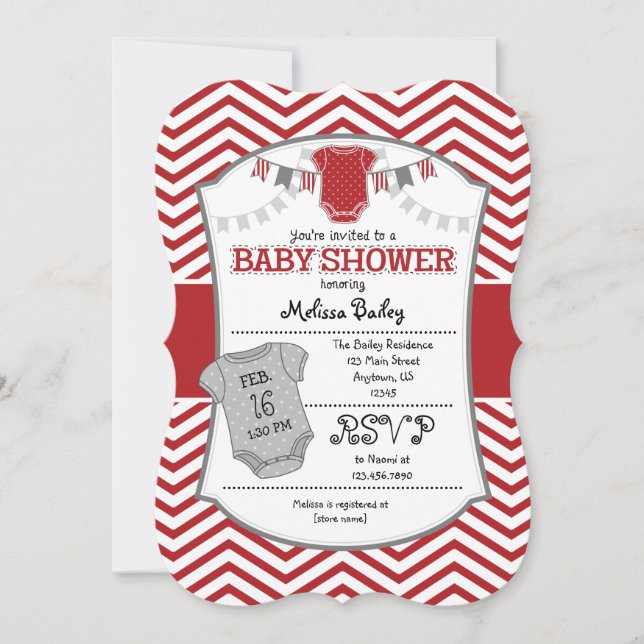 Red Gray Chevron Baby Shower Invitation (Front)