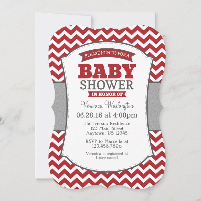 Red Gray Chevron Baby Shower Invitation (Front)