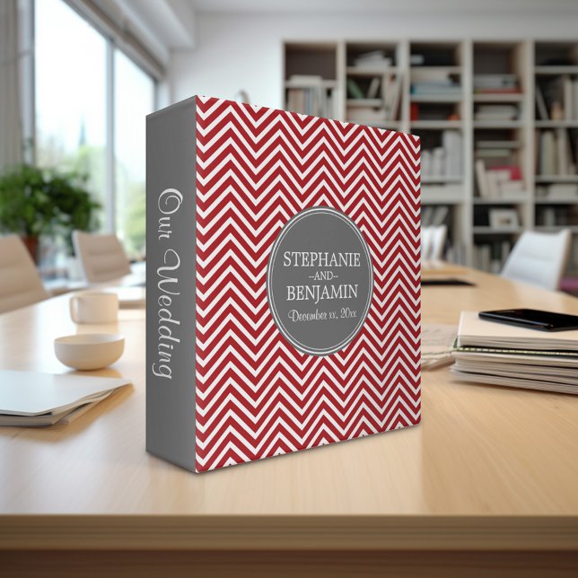 Red Gray Chevron Pattern Custom Wedding Date Binder (Custom Wedding and Anniversary Binder - Personalize with Bride and Groom)