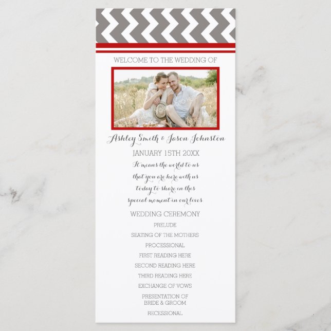 Red Gray Chevron Photo Wedding Program (Front)