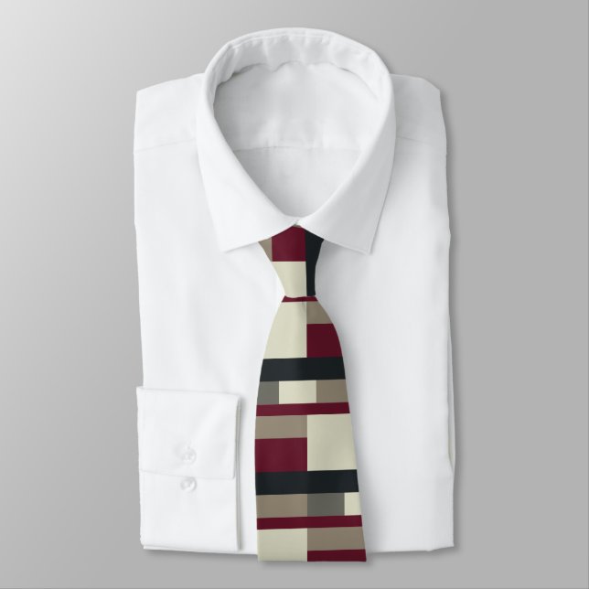 Red Gray Color Block Rectangles Geometric Simple Neck Tie (Tied)