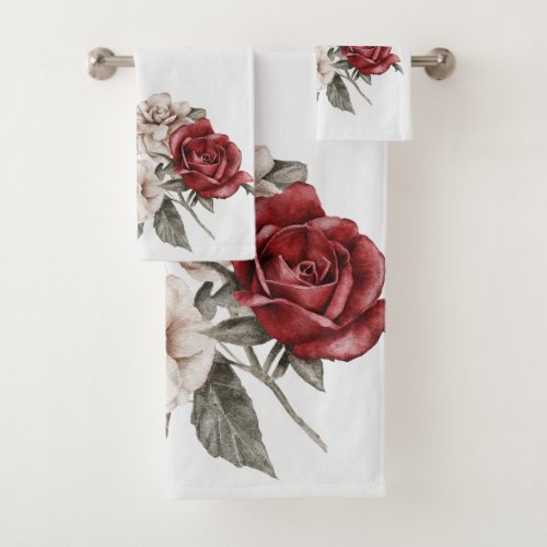 Red Gray  Cream Boho Flower Bouquet Bath Towel Set