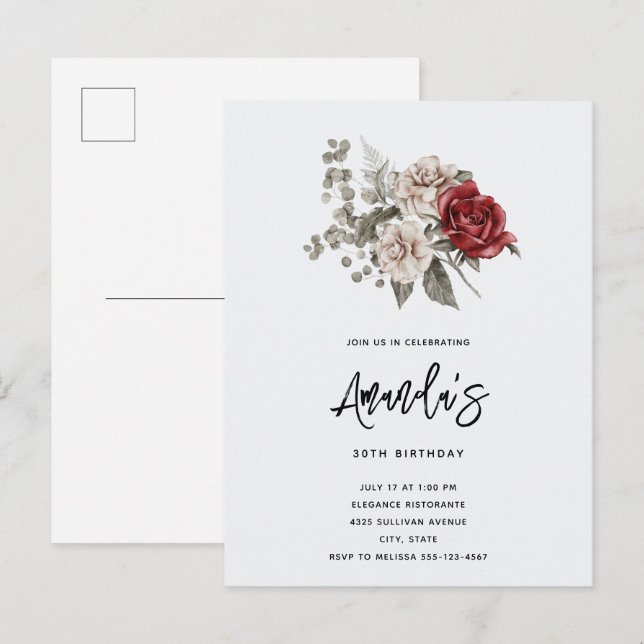  Red Gray & Cream Boho Flower Bouquet Birthday Invitation Postcard (Front/Back)