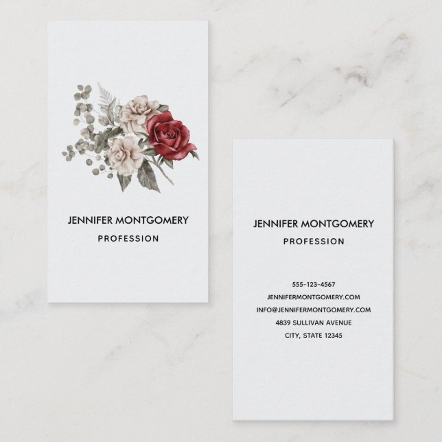Red Gray & Cream Boho Flower Bouquet Business Card (Front/Back)