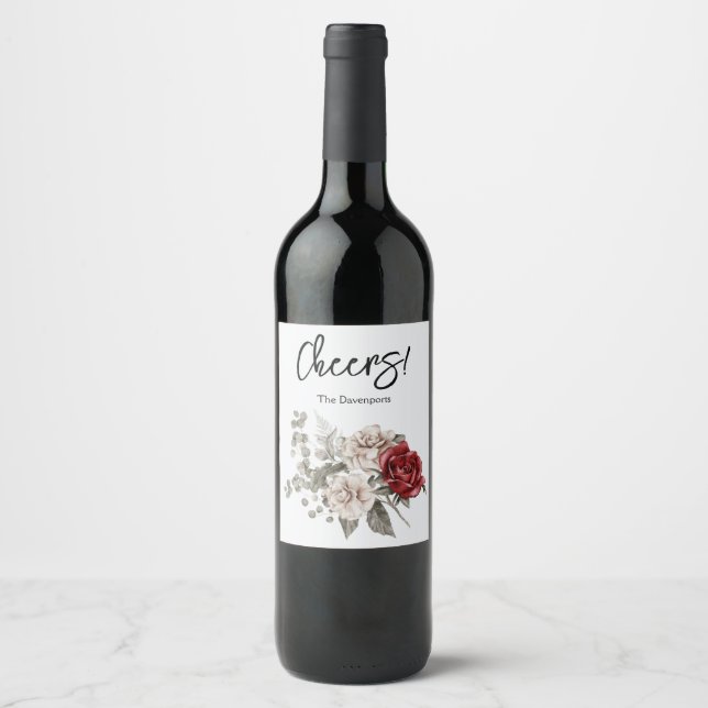 Red Gray & Cream Boho Flower Bouquet Cheers Wine Label (Front)