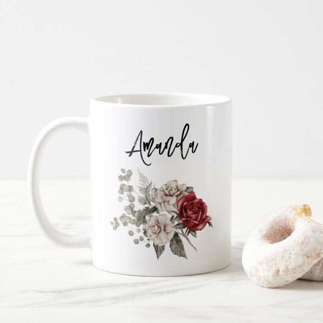 Red Gray & Cream Boho Flower Bouquet Coffee Mug (With Donut)
