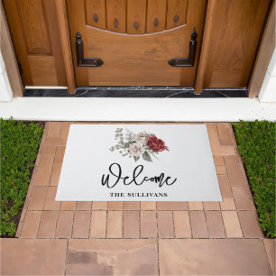 Red Gray & Cream Boho Flower Bouquet Doormat