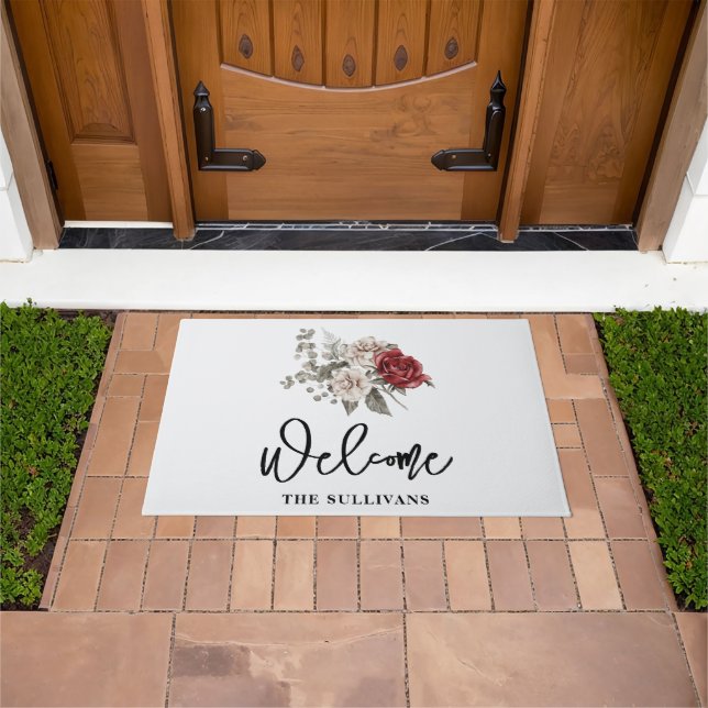 Red Gray & Cream Boho Flower Bouquet Doormat (Outdoor)
