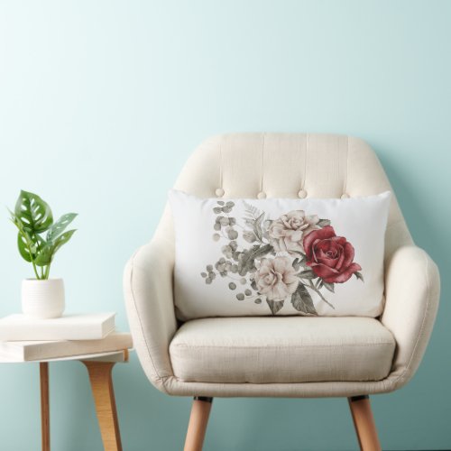 Red Gray  Cream Boho Flower Bouquet Lumbar Pillow