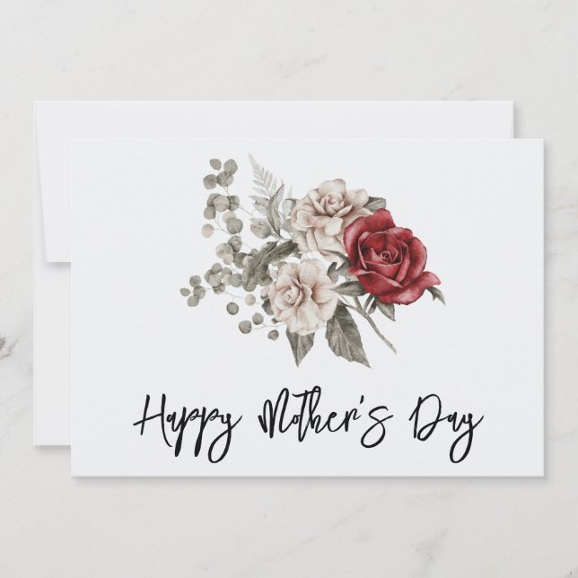 Red Gray & Cream Boho Flower Bouquet Mother's Day Holiday Card (Front)