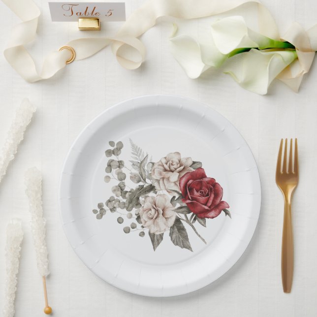 Red Gray & Cream Boho Flower Bouquet Paper Plates (Wedding)