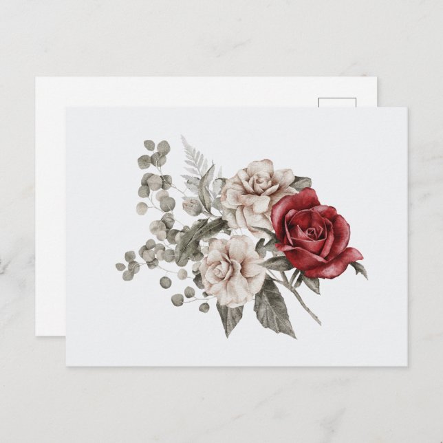 Red Gray & Cream Boho Flower Bouquet Postcard (Front/Back)